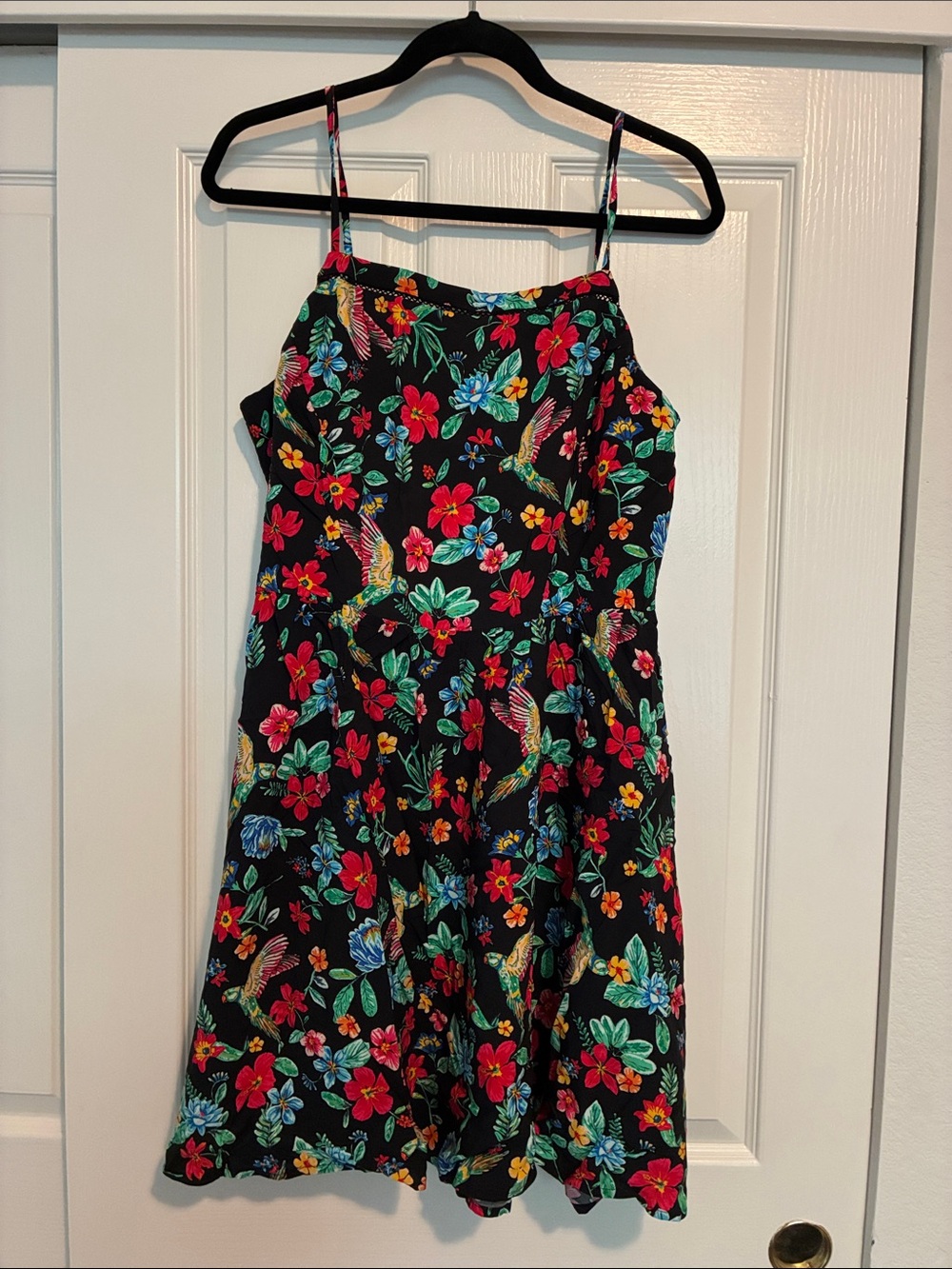Old Navy Black Midi Dress with Bright Floral & Bird Print